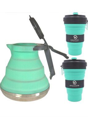 Camping Kettle Boiling Water w/Mugs Collapsible Travel Camping Tea Kettle NWT